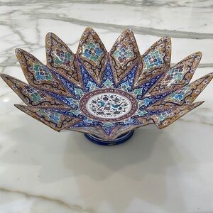 Gorgeous Hand Painted Brass Bowl/Stand—Persian and Middle Eastern Art—Excellent!